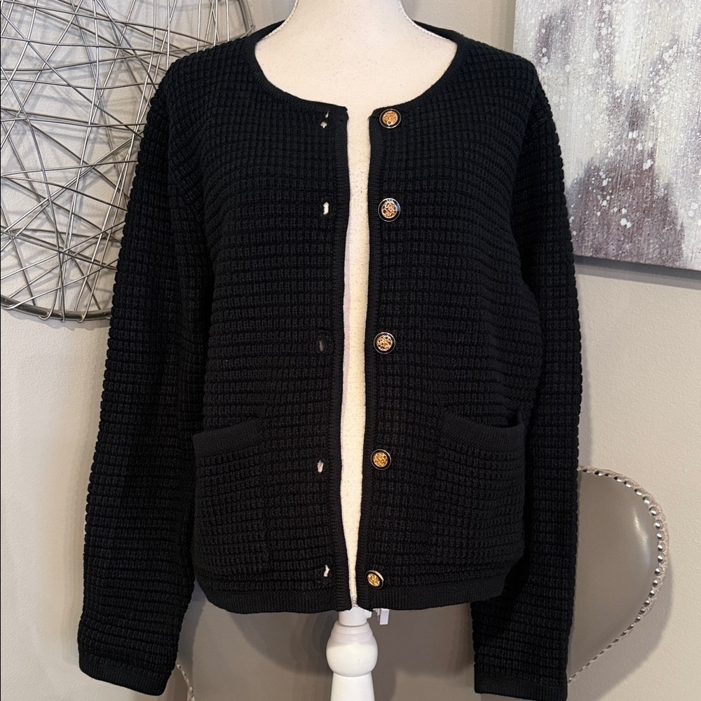 Black Waffle Knit Button Cardigan